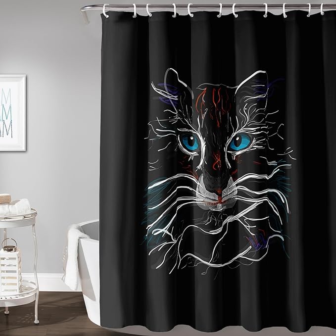 AILONEN Cat Shower Curtain for Kids Teens,Colorful Line Cat Bath Curtain for Bathroom,Animal Polyester Waterproof with 12 Plastic Hooks 60" W*72" H