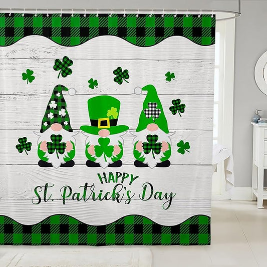 St. Patrick's Day Kids Shower Curtains,Cartoon Gnomes Leaves Irish Holiday Bathroom Curtains for Girls Boys,Geometric Grids Patchwork Green Cute Waterproof Curtains,12 Hooks Suits,72"W x 72"L