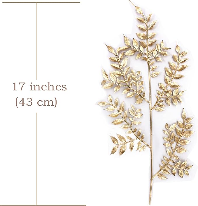 Gold Leaves Decorations for Christmas Artificial Golden Plants Fake Leaf - 17 Inch 5 Pack, Faux Foliage Simulation Flowers Grass Xmas Decor Plant Bushes Indoor Outdoor Wedding Table Centerpiece DIY