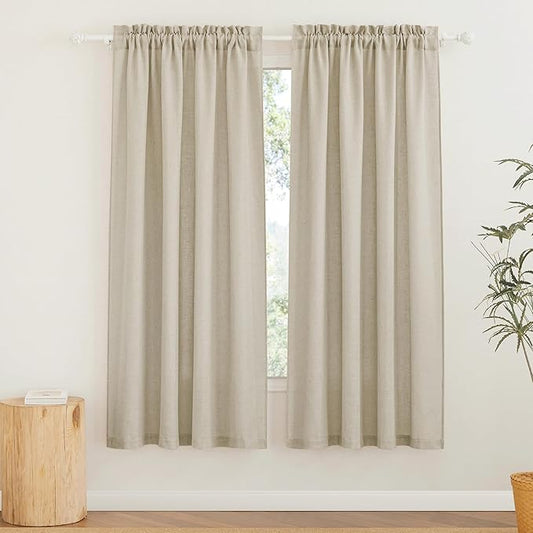 RYB HOME Beige Linen Curtains for Living Room, Rod Pocket Soft Thick Linen Burlap 72 Inch Length Light Filtering Privacy Assured for Home Office Dining Room, W 34 x L 72 inches, 2 Panels Set