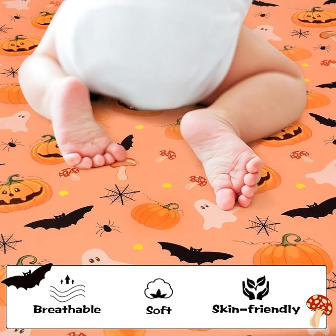 Halloween Crib Sheets, Fitted Crib Sheet with Bats, Ghosts, Pumpkin, Spider, and Mushrooms, Measuring 52'' x 28'' to fit Standard Crib & Toddler Mattresses, Orange