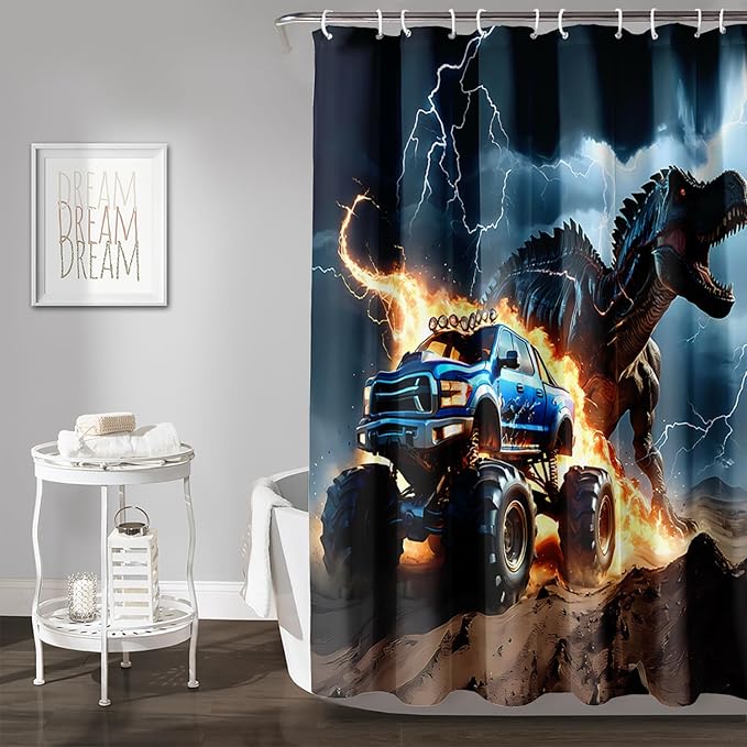 AILONEN Boys Dinosaur Shower Curtain, Monster Truck Bath Curtain,Lightning Roaring Dinosaur Kids Shower Curtain,Waterproof Curtain Bathroom 72" W*72" H Decor with 12 Plastic Hooks