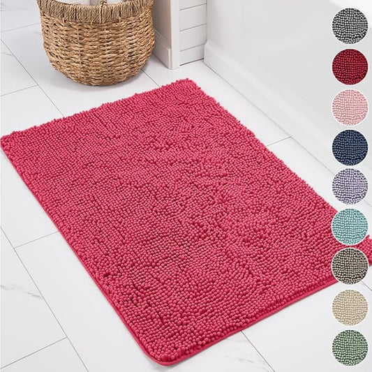 KANGAROO Bathroom Rugs, Chenille Soft Absorbent Bath Rug, Shaggy Shower Mat, Quick Dry Machine Wash Bathmat, Plush Carpet Mats for Tub, Bathtub and Room Home Decor Accessories, 42x24, Hot Pink