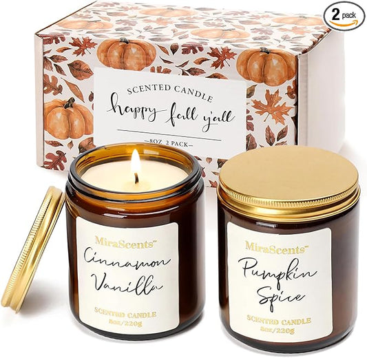 Fall Scented Candle Set, 2 Pack Fall Pumpkin Candles, Autumn Soy Candle Set, Fall Candle Gifts, Autumn Candle for Home Scented, Fall Scents of Cinnamon Vanilla,Pumpkin Spice, AH-Fall-7.5oz