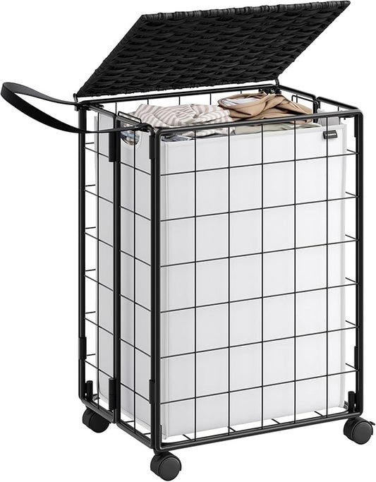 SONGMICS Laundry Hamper, 90L Laundry Basket with Lid, Clothes Hamper with Wheels, Collapsible Removable Liner Bag, Iron-Made Laundry Sorter, Ink Black and Cloud White ULCB290B12
