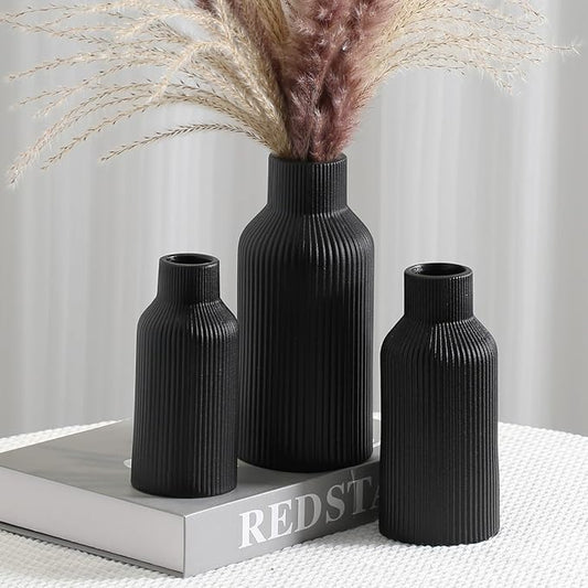 Black Ceramic Flower Vase Set of 3, Pampas Grass Small Vase for Dining Table, Shelf Decor, Mantel, Entry Decor and Centerpieces, Minimalist Modern, Bohemian