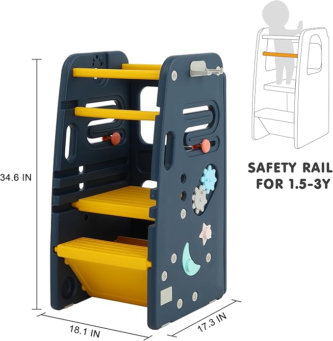 SDADI Multifunctional Toddler Tower with Double Safety Rails - Adjustable & Non-Slip for Kitchen and Bathroom Use - Montessori Step Stool for Kids, Dark Blue and Yellow