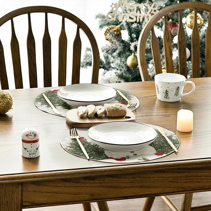 Artoid Mode Snowman Trees Snowflakes Christmas Round Placemats Set of 4, 14 Inch Grey Winter Round Table Mats for Dining Decoration