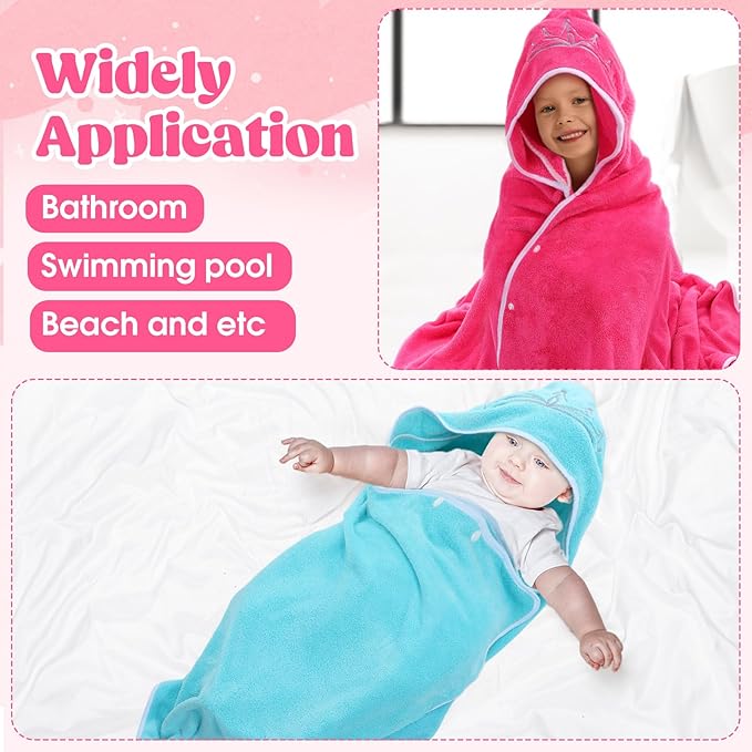 2 Pcs Princess Toddler Bath Towel Oversized Baby Hooded Bath Towel Thick Absorbent Soft Toddler Beach Towel for Kids Girls Up to 10 Years, 27 x 48 Inch, Pink and Blue