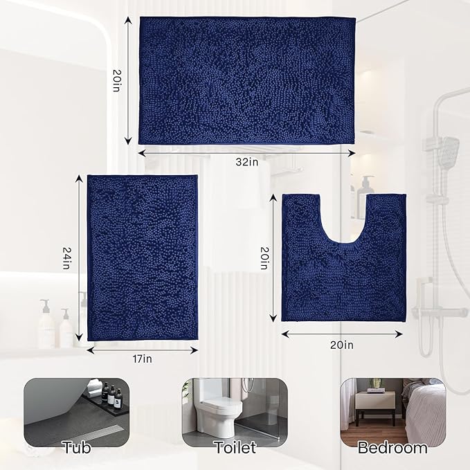 Bathroom Rugs Sets 3 Piece Washable, Luxury ，Chenille Bath Mat Set, Soft Plush Anti-Slip Rectangular Bath， Rug Super Absorbent.3 Pieces Bathroom (Navy Blue, 32"x20"+24"x16"+U Shape 20"x20")