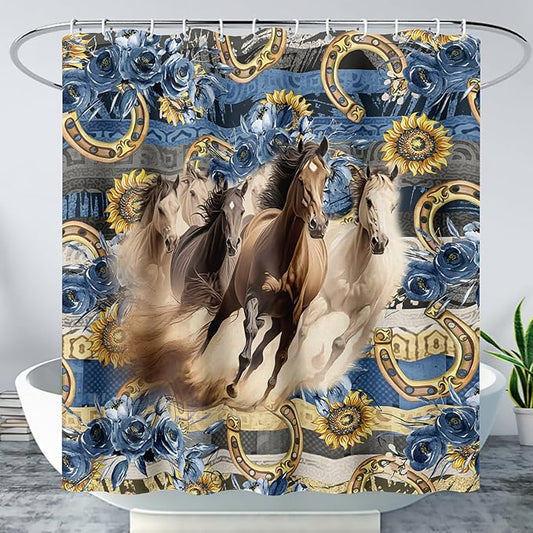 AILONEN Running Horse Shower Curtain for Kids,Blue Rose Sunflower Horse Bath Curtain for Bathroom Decor,Modern Curtain Polyester Waterproof with 12 Plastic Hooks 72" W*96" H