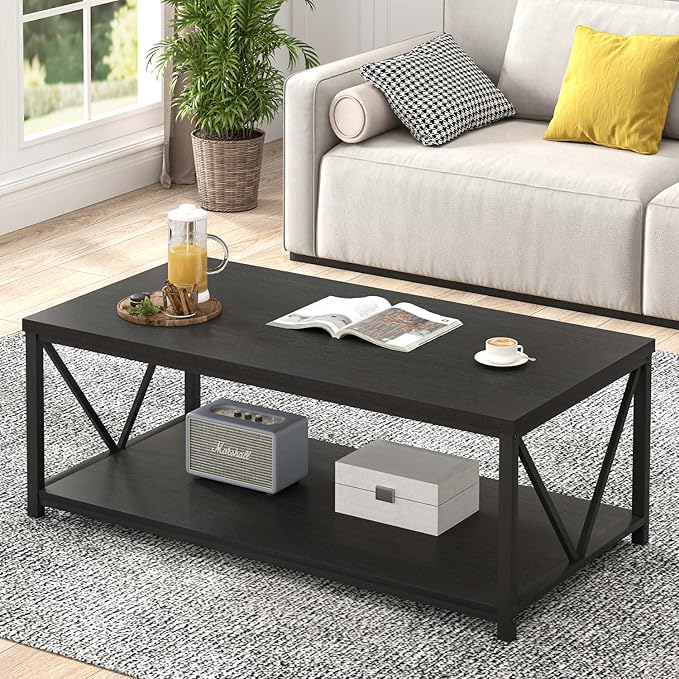 EXCEFUR Black Coffee Table, Modern Wood and Metal Living Room Table with Storage Shelf, 47 Inch