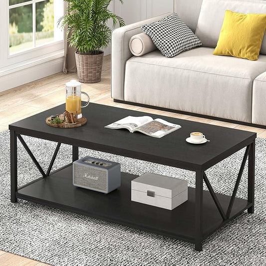EXCEFUR Black Coffee Table, Modern Wood and Metal Living Room Table with Storage Shelf, 47 Inch