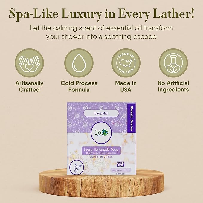 360Feel Lavender Soap -5oz Castile Handmade Soap bar - floral fragrance - Pure Essential Oil Natural Soaps- Great as Anniversary Wedding Gifts Christmas stocking stuffer