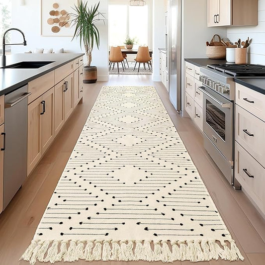 Tritard Boho Runner Rug 2x10 - Washable Lightweight Long Hallway Rug with Tassel, Woven Farmhouse Kitchen Runner Rugs Cotton Aztec Low Pile Thin Carpet for Entryway, Laundry, Bathroom, Beige Cream