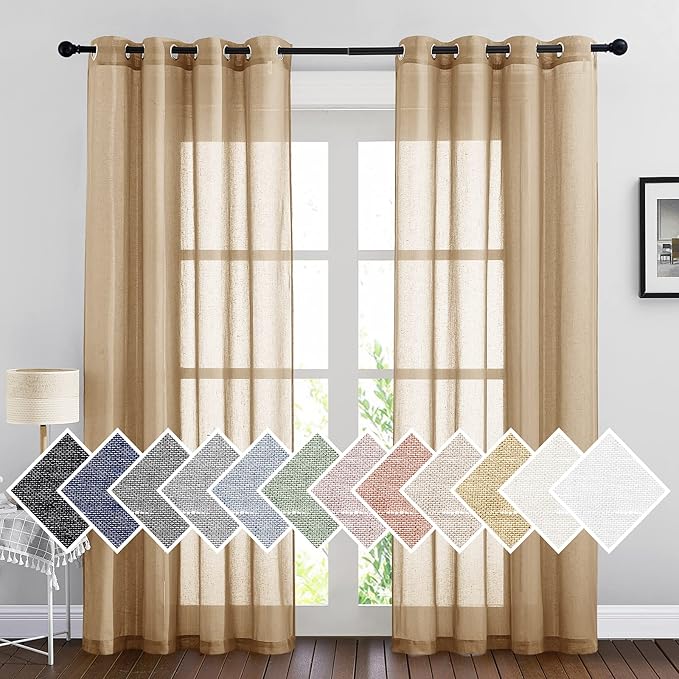 NICETOWN Sheer Curtains Flax Texture 84 inch Length, Grommet Semi Sheer Window Treatments Privacy with Light Filtering Drapes for Bedroom/Living Room, Camel, W52 x L84, 2 Panels