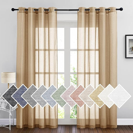 NICETOWN Sheer Curtains Flax Texture 84 inch Length, Grommet Semi Sheer Window Treatments Privacy with Light Filtering Drapes for Bedroom/Living Room, Camel, W52 x L84, 2 Panels
