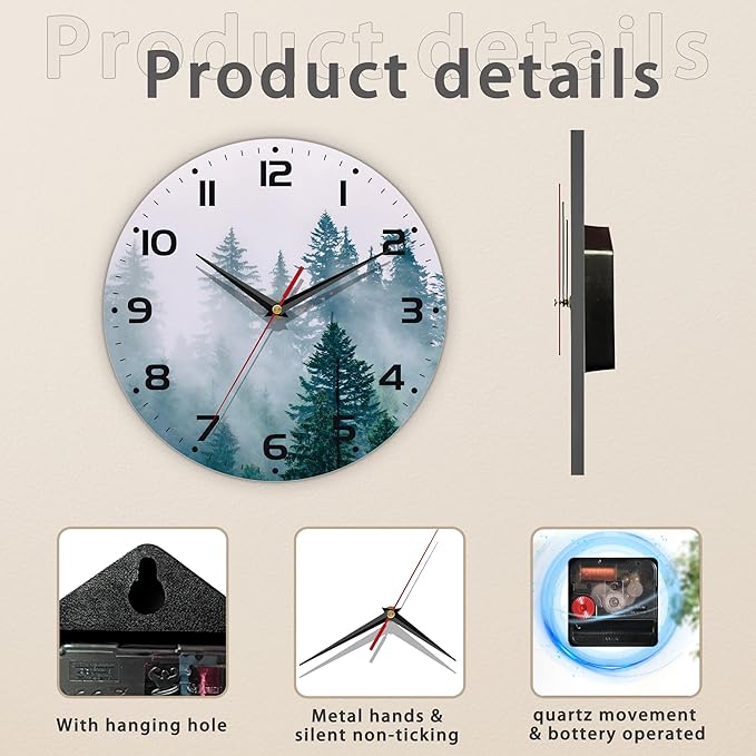 Clock for Living Room, Misty Forest Wall Clocks Wooden Wall Clock Art Hanging Clocks Silent Non-Ticking Wall Clock Battery Operated Round Home Arabic Numeral Decorative Wall Clocks 10 Inch