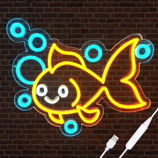 Fishing Neon Signs for Wall Decor,Bright Dimmable Led Goldfish Fish Animal Neon Light Powered by USB for Fishing Decor Room Bedroom Birthday Party Kids Gifts Man Cave Living Room