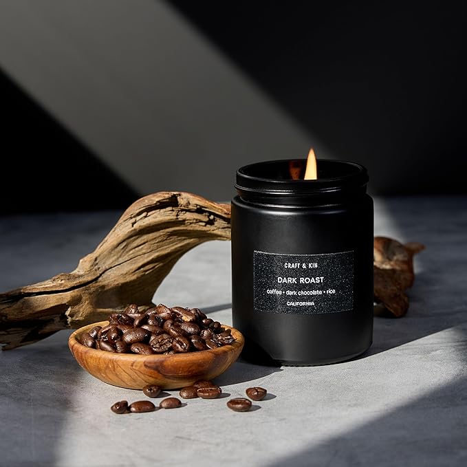 Craft & Kin Premium Dark Roast Coffee Candle | Black Spring Scented Candles for Home | Long Lasting with 45 Hour Burn Time, 7.6oz | Made with Soy | Aromatherapy at Home | Gifts for Men
