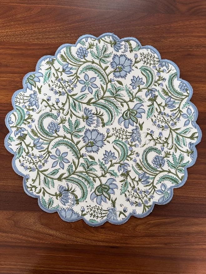 Ridhi Columbia Blue, Turquoise Green Bo-ho Round Place Mat Easter Floral Cotton Washable Placemats 15" Round Embroidery Block Print Table Mat Pack of 4-15 Inch Round