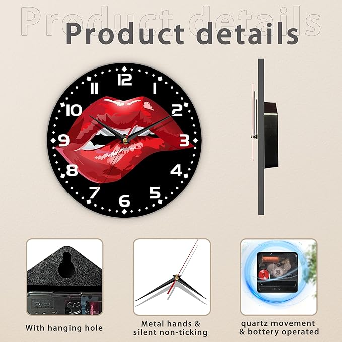 Red Lip Wall Clock - Vintage Wooden, Silent Non-Ticking, Battery Operated, Arabic Numerals, Decorative for Kitchen, Office, Classroom - 10 Inch