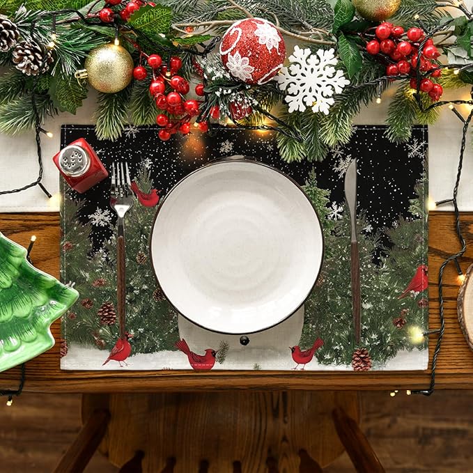 Artoid Mode Snowman Trees Blue Christmas Placemats for Dining Table, 12 x 18 Inch Seasonal Black Winter Birds Xmas Holiday Washable Table Mats Set of 6