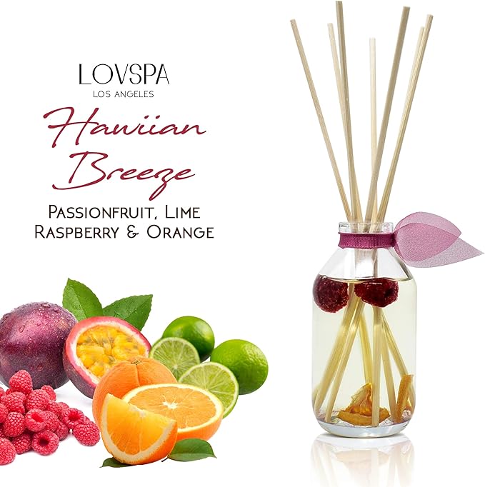 LOVSPA Hawaiian Breeze Reed Diffuser Set - Passionfruit, Lime, Raspberry & Orange Scent Diffuser - Reed Diffusers for Home with Long Lasting Fragrance - Non-Toxic Oil Reed Diffuser - Made in The USA