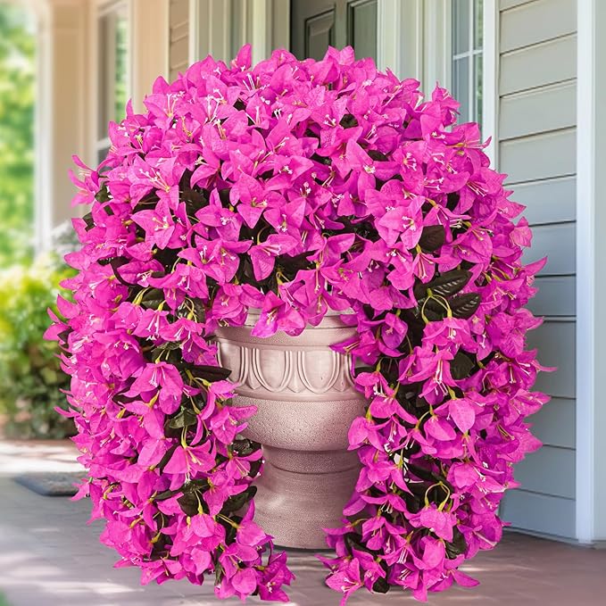 8Pcs UV Resistant Artificial Flowers for Outdoors, Realistic Faux Silk Bougainvillea Flowers, Fake Hanging Plants for Porch Patio Balcony Decoration (Purple)