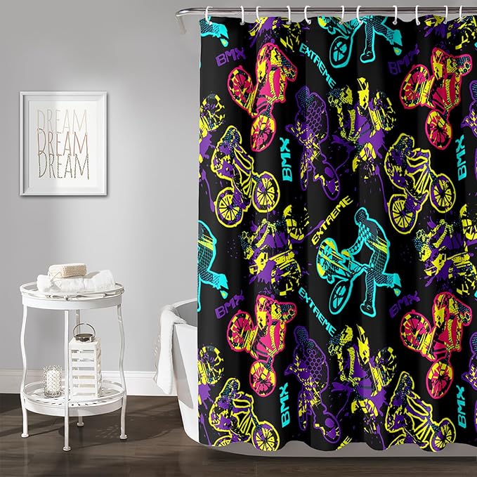 AILONEN Motocross Shower Curtain,Motorcycle Racer Bath Curtain,Extreme Sports Decoration,Colorful Graffiti Dirt Bike Shower Curtain for Kids Boys,Black Washable, 60" W x 72" H
