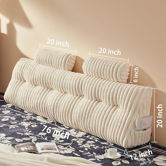 Faux Fur Headboard Pillow with 2 Pack Neck Roll Pillow Large Headboard Pillow Soft and Supportive with Removable Cover (Beige, King)