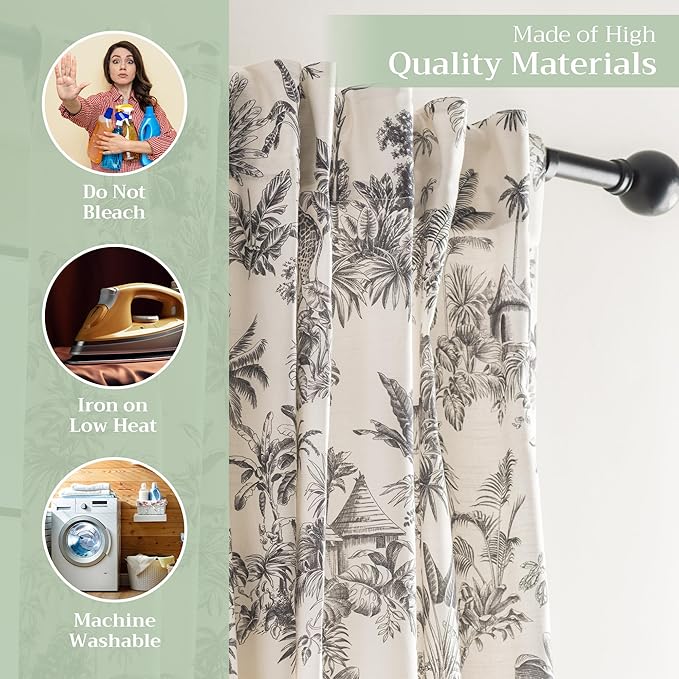 Maison d' Hermine Curtains for Living Room 100% Cotton 96 inch Length One Panel Light Filtering Toile Curtains for Bedroom Windows with Rod and Loop Pockets Drapes (Savana Jouy Black, 50" W x 96" L)