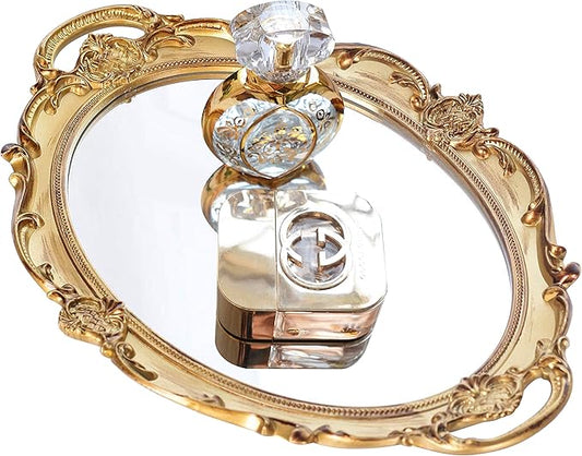 PortPlugs Mirrored Tray,Decorative Mirror for Perfume Organizer Jewelry Dresser Organizer Tray & Display,Vanity Tray,Serving Tray,9.8'' x 14''(Gold)