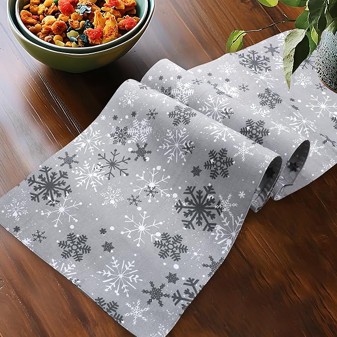 Urban Villa Christmas TableRunner Grey Snowflake Table Runner 14”x72” 100% Cotton Over Sized Runner Heavier Quality Table Runner for Christmas Celebrations Dining WeddingDinner Parties Everyday Use