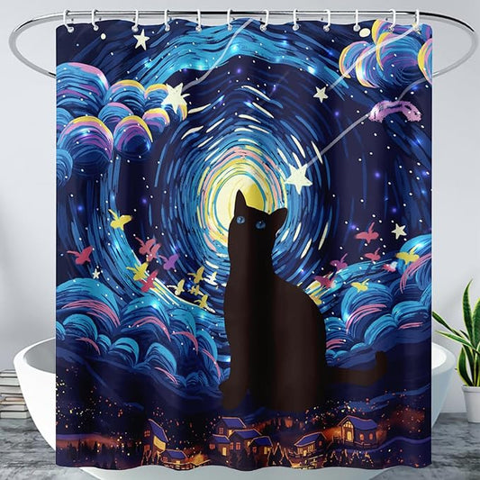 AILONEN Cartoon Black Cat Shower Curtain Set,Starry Night Bath Curtain for Kids Girls Boys,Country Style Shower Curtain,Cat Lovers Animal Shower Curtains for Bathroom Decor, 72" W*96" H