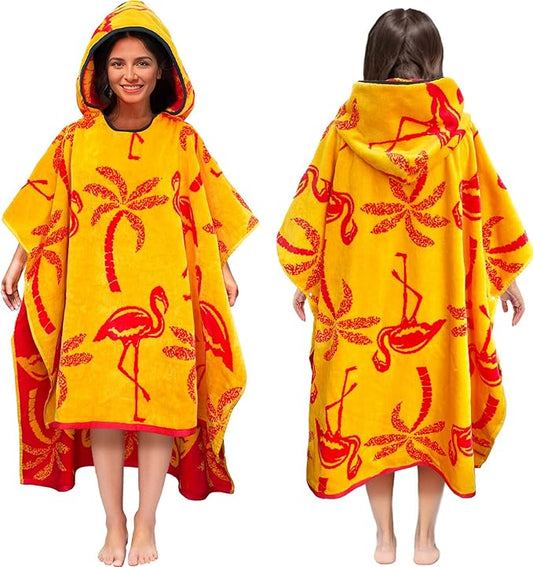 VOOVA & MOVAS Poncho Towel Adult (14Years Up)-Flamingo, Large Thick Absorbent Cotton Wearable Bath Towels for Big Girl, Pool Towels for Women, Adult Hooded Towel for Bathroom, Pool Use