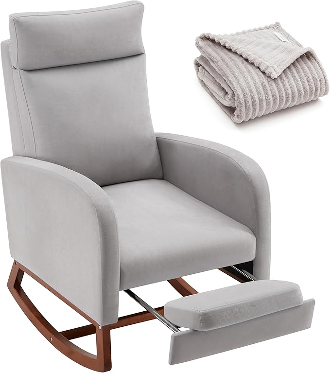 Rocking Chair Nursery Chair with Foot Rest, Nursery Rocking Chairs with High Back, Glider Rocking Chair, Baby Nursery Glider Rocker, Nursing Chair Accent Living Room Grey with Blanket