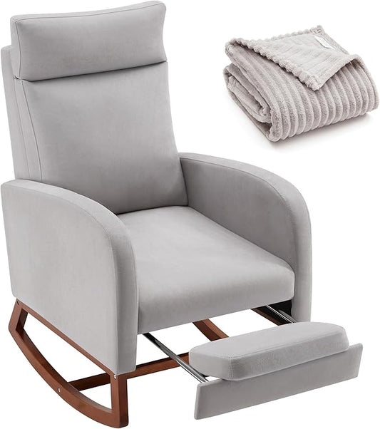 Rocking Chair Nursery Chair with Foot Rest, Nursery Rocking Chairs with High Back, Glider Rocking Chair, Baby Nursery Glider Rocker, Nursing Chair Accent Living Room Grey with Blanket