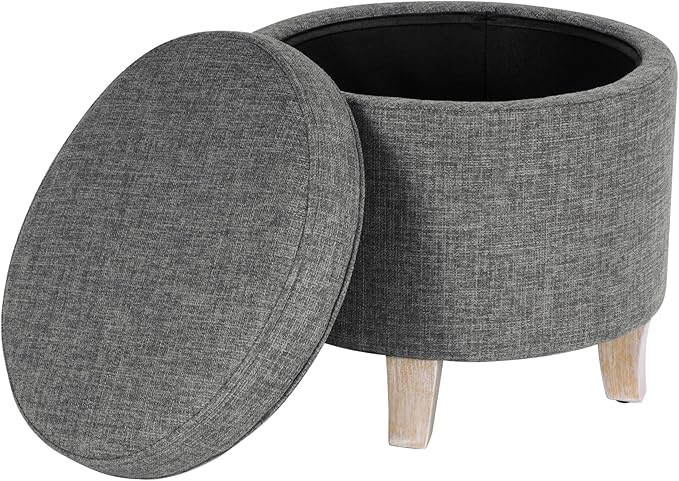 HomePop Upholstered Round Storage Ottoman Home Décor|Upholstered Round Foot Rest Ottoman -Gray Woven