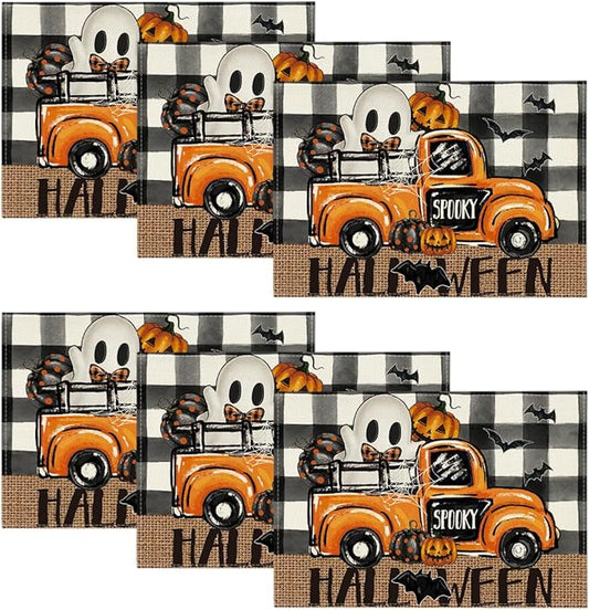 Artoid Mode Buffalo Plaid Bat Ghost Truck Spooky Halloween Placemats Set of 6, 12x18 Inch Seasonal Table Mats for Party Kitchen Dining Decoration
