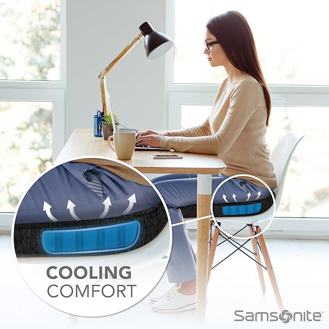 SAMSONITE Gel-Infused Memory Foam Seat Cushion with Enhanced Airflow Design for Cooling Experience, Fits Most Office Chairs and Car Seats, Supportive Sitting Pillow for Orthopedic Comfort…