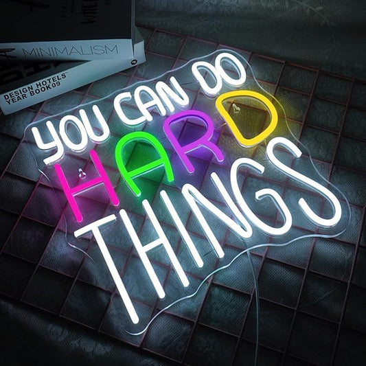 NEONLOVE You Can Do Hard Things Neon Sign Neon Signs for Wall Decor LED Lights Up Signs for Bedroom Bar Kids Room Library Club Party Positive Quotes Wall Art Sign USB White Neon Lights 12.9*12.5inch