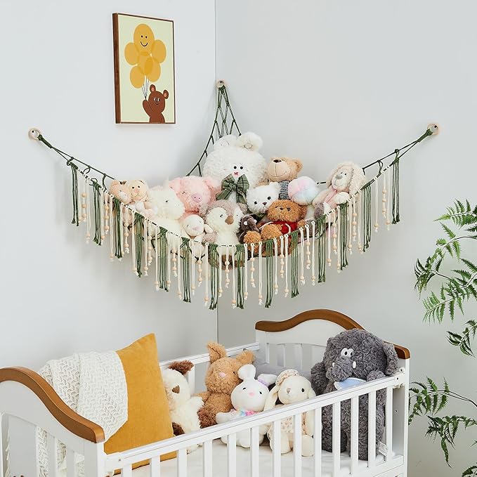 Pretty Jolly Stuffed Animal Storage Hammock with Wooden Beads Corner Hanging Net Boho Tassel for Toy Plush Holder for Kid Room Nursery Decor Wall Display Organizer for Girls Boy Gift(Avocado Green)