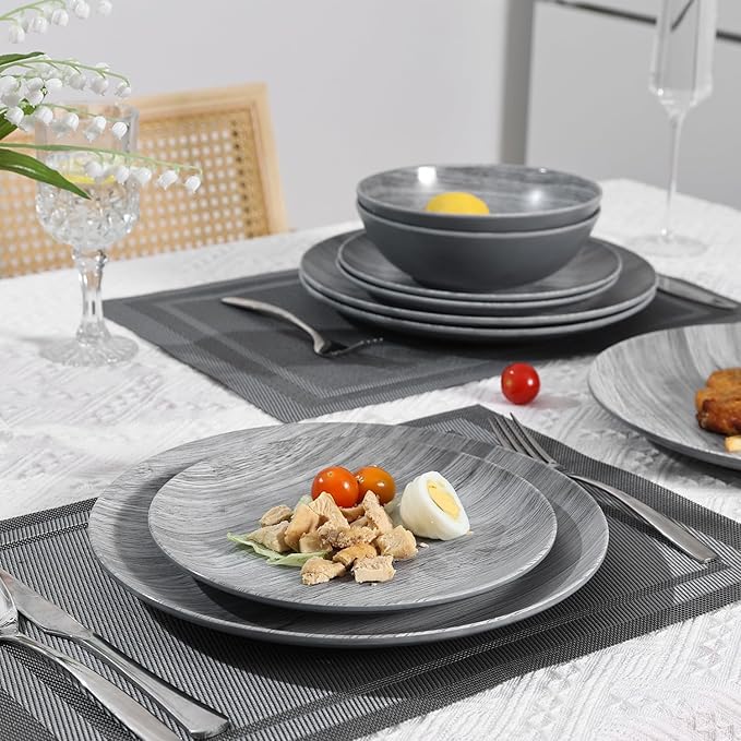 Melamine Dinnerware Set - 12pcs dinnerware set Indoor and Outdoor use, Bamboo Pattern Dishes Dinnerware Set for 4,Dishwasher Safe (Grey wood)