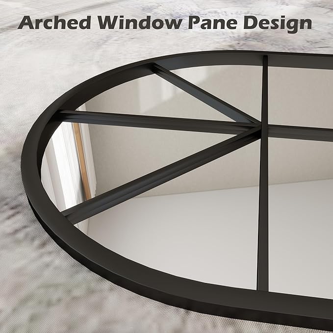 Arched Wall Mirror Wall Decorative, Iron Framed Window Pane Mirrors,38" x 24" Window Mirror, Arched Top Wall Mirror for Entryway Living Room, Bedroom, Fireplace .(Black)