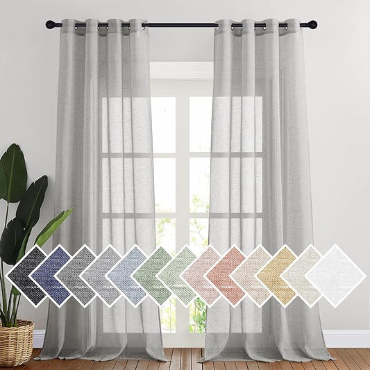 NICETOWN Grommet Sheer Curtains Natural Linen Blend Texture, Privacy with Enough Light Through Semitransparent Sheer Drapes for Children Room and Bedroom, 52W x 96L, Grey, 2 Pieces