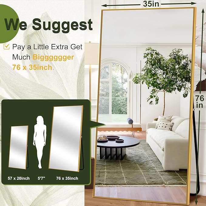NicBex Oversized Full-Body Mirror, Large Full Length Mirror with Stand, 76"x35" Aluminum Alloy Frame Oversized Floor Mirror, Gold - Free Standing, Leaning Against Wall or Wall-Mounted