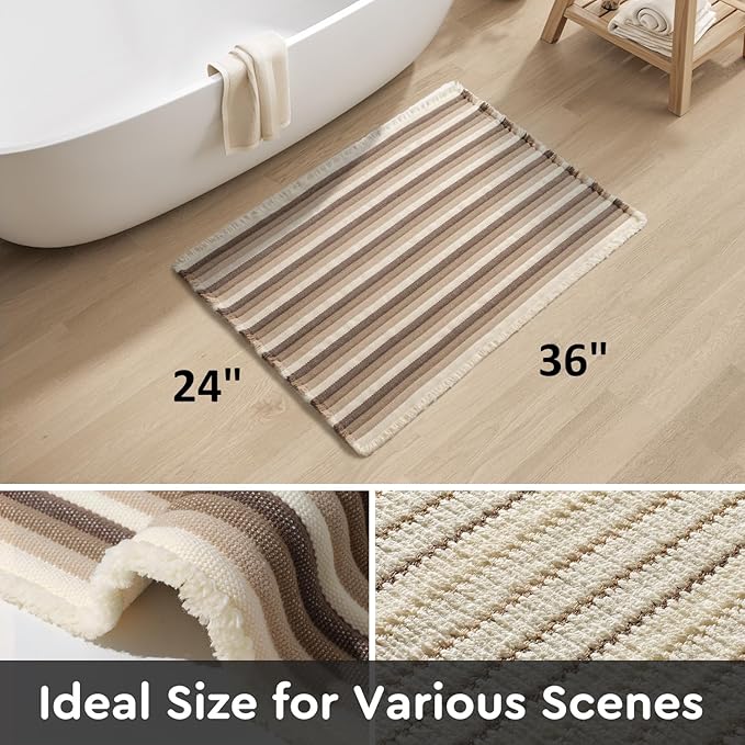 tchdio Striped Bath Mat Rug, Super Absorbent Non Slip Bath Mats for Bathroom Floor 3D Woven Gradient Bathroom Mat with Tassels Machine Washable Bathroom Rugs Beside Tub, 24" x 36", Brown