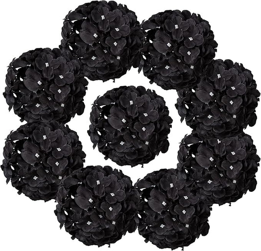 Flojery Black Silk Hydrangea Heads Artificial Flowers Heads with Stems for Home Wedding Decor,Pack of 10(Black)