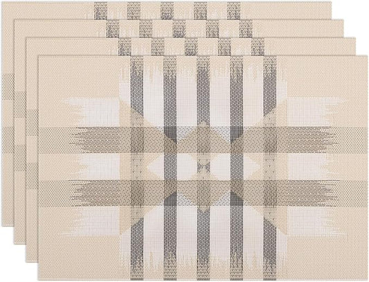 Winknowl Placemats Set of 4, Heat Resistant Stain Resistant Woven Vinyl Insulation Place mats, Durable Washable Elegant Table Mats for Kitchen Dining Table Decor (Geometric Beige)